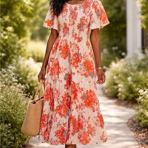Elegant Floral Midi Dress in Orange and Blue